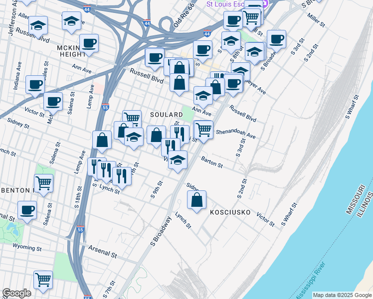 map of restaurants, bars, coffee shops, grocery stores, and more near 2400 South 9th Street in St. Louis