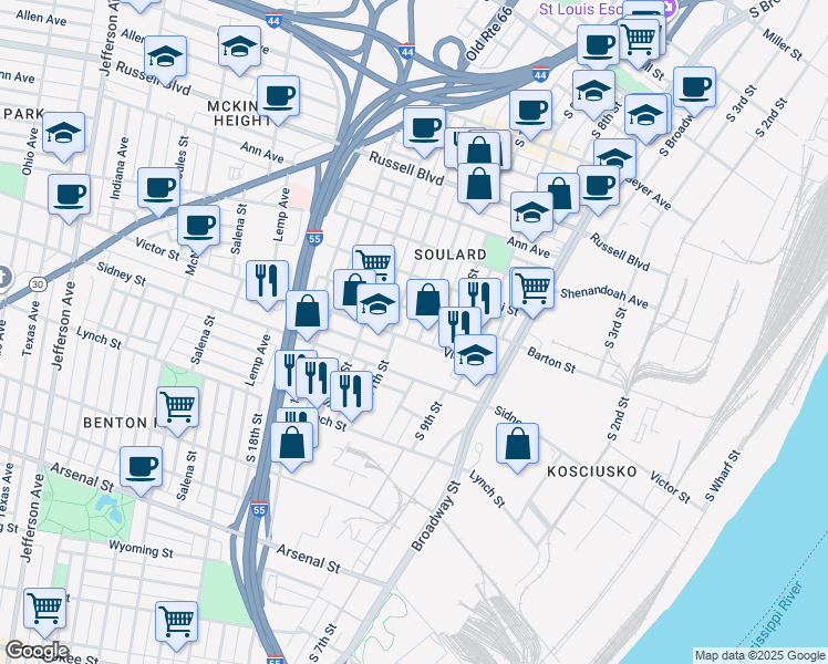 map of restaurants, bars, coffee shops, grocery stores, and more near 2427 Menard Street in St. Louis