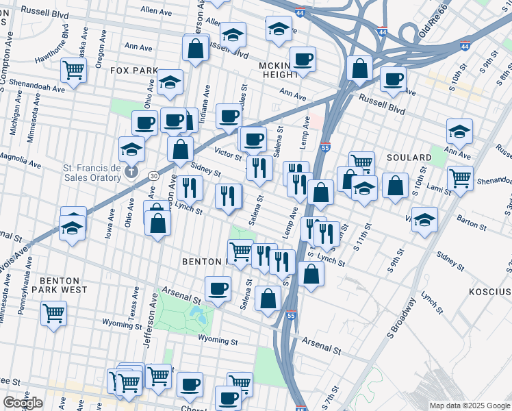 map of restaurants, bars, coffee shops, grocery stores, and more near 1944 Senate Street in St. Louis