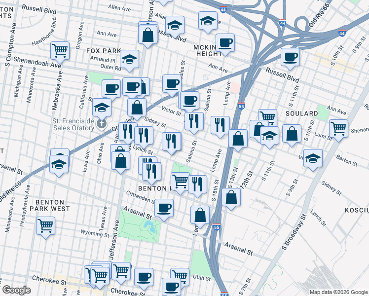 map of restaurants, bars, coffee shops, grocery stores, and more near 2021 Congress Street in St. Louis