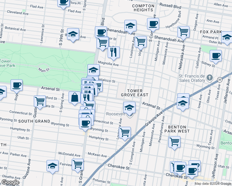 map of restaurants, bars, coffee shops, grocery stores, and more near 3401 Arsenal Street in St. Louis