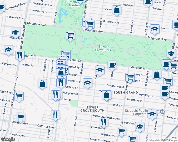 map of restaurants, bars, coffee shops, grocery stores, and more near 4127 Juniata Street in St. Louis