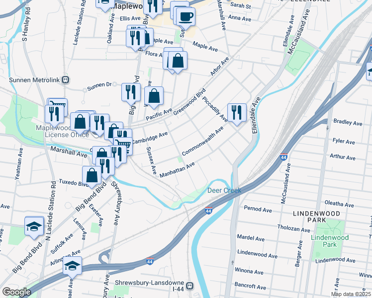 map of restaurants, bars, coffee shops, grocery stores, and more near 3550 Commonwealth Avenue in St. Louis