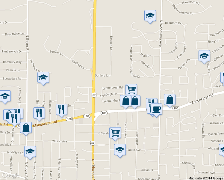 map of restaurants, bars, coffee shops, grocery stores, and more near 205 Huntleigh Drive in Kirkwood