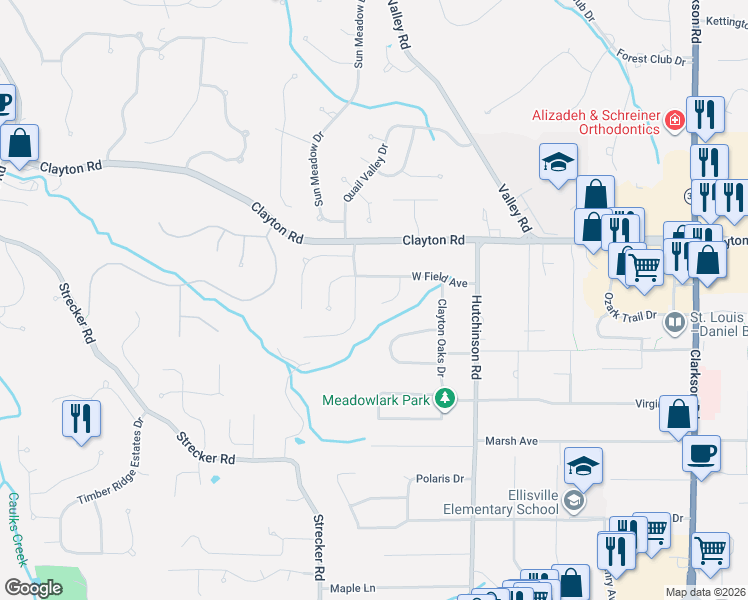 map of restaurants, bars, coffee shops, grocery stores, and more near 314 Clayton Trails Drive in Ellisville
