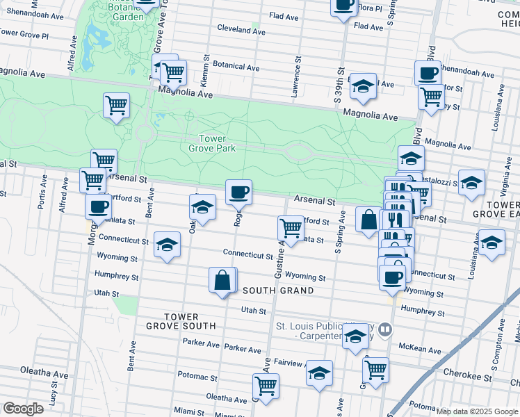 map of restaurants, bars, coffee shops, grocery stores, and more near 3918 Hartford Street in St. Louis