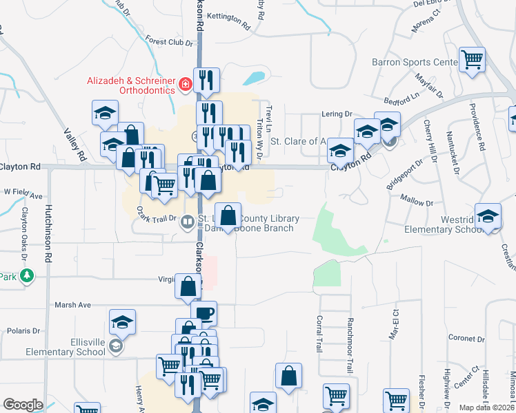 map of restaurants, bars, coffee shops, grocery stores, and more near 1217 Field Avenue in Ellisville