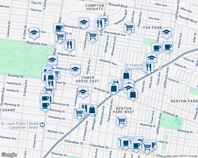 map of restaurants, bars, coffee shops, grocery stores, and more near 2934 Michigan Avenue in St. Louis