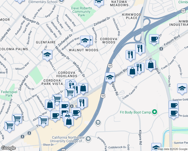 map of restaurants, bars, coffee shops, grocery stores, and more near 10920 Scotsman Way in Rancho Cordova