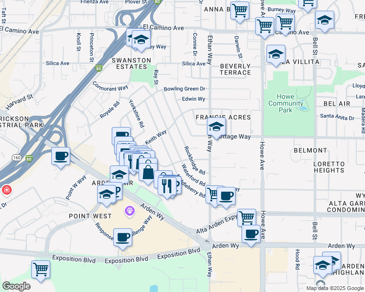 map of restaurants, bars, coffee shops, grocery stores, and more near 2005 Rockbridge Road in Sacramento