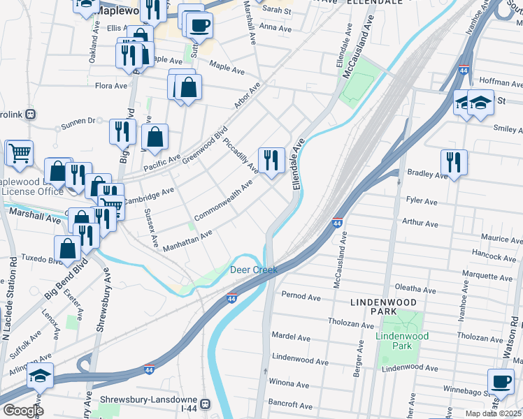map of restaurants, bars, coffee shops, grocery stores, and more near 7173 Wellington Court in St. Louis