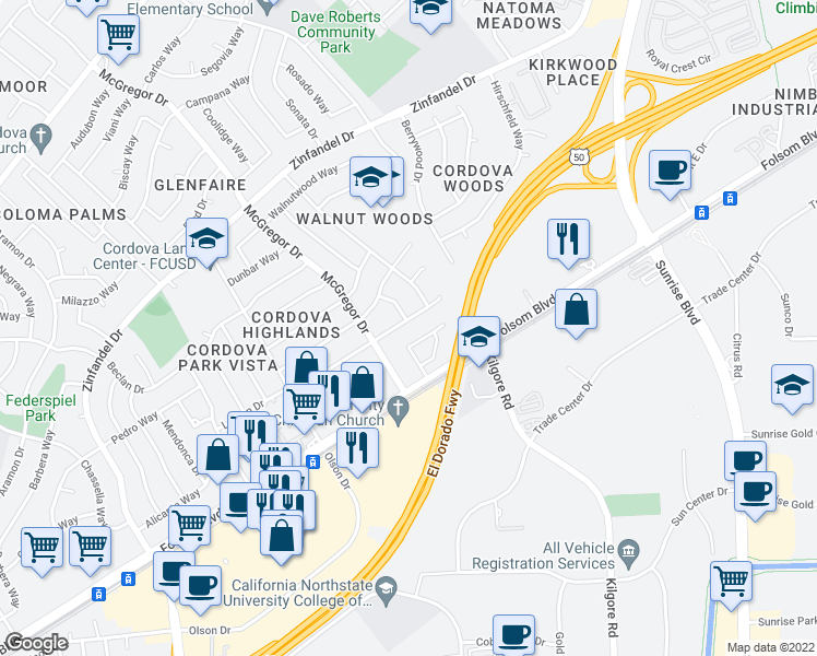 map of restaurants, bars, coffee shops, grocery stores, and more near 10918 Scotsman Way in Rancho Cordova