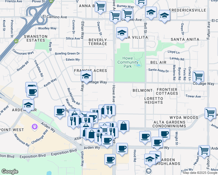 map of restaurants, bars, coffee shops, grocery stores, and more near 2033 Howe Avenue in Sacramento