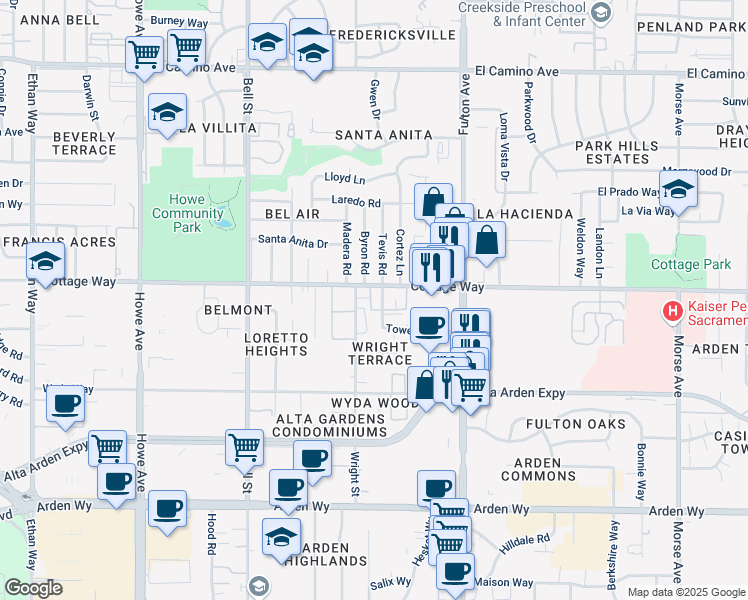 map of restaurants, bars, coffee shops, grocery stores, and more near 2020 Wright Street in Sacramento