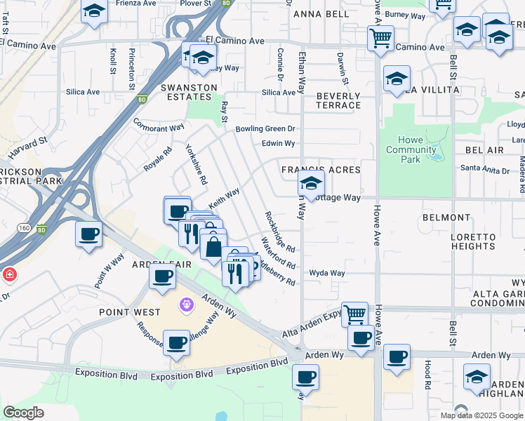 map of restaurants, bars, coffee shops, grocery stores, and more near 2005 Rockbridge Road in Sacramento