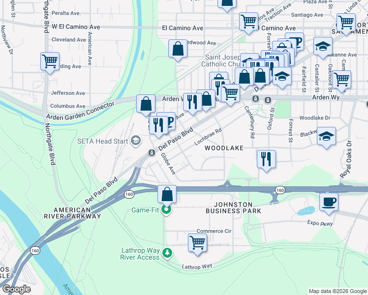 map of restaurants, bars, coffee shops, grocery stores, and more near 1025 Lochbrae Road in Sacramento