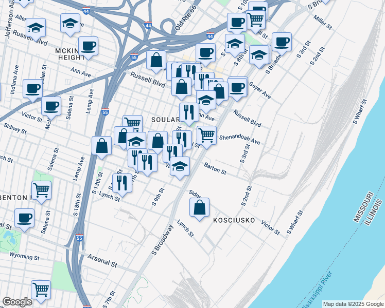 map of restaurants, bars, coffee shops, grocery stores, and more near 2400 South 9th Street in St. Louis