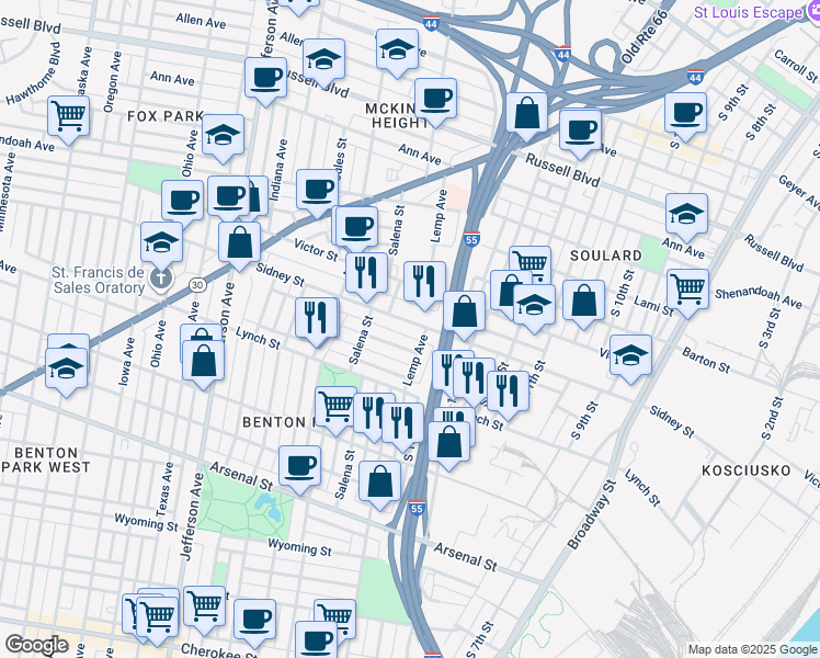 map of restaurants, bars, coffee shops, grocery stores, and more near 1905 Senate Street in St. Louis