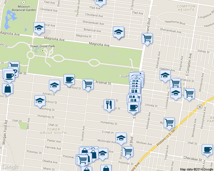 map of restaurants, bars, coffee shops, grocery stores, and more near 3835 Hartford Street in St. Louis
