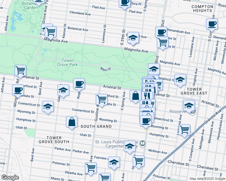 map of restaurants, bars, coffee shops, grocery stores, and more near 3835 Hartford Street in St. Louis