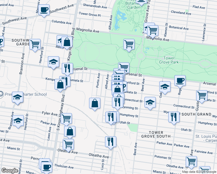 map of restaurants, bars, coffee shops, grocery stores, and more near 4326 Juniata Street in St. Louis