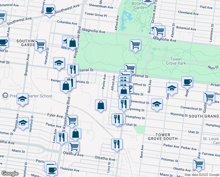 map of restaurants, bars, coffee shops, grocery stores, and more near 3179 Alfred Avenue in St. Louis