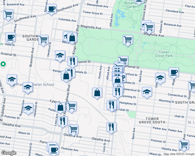 map of restaurants, bars, coffee shops, grocery stores, and more near 3185 Portis Avenue in St. Louis