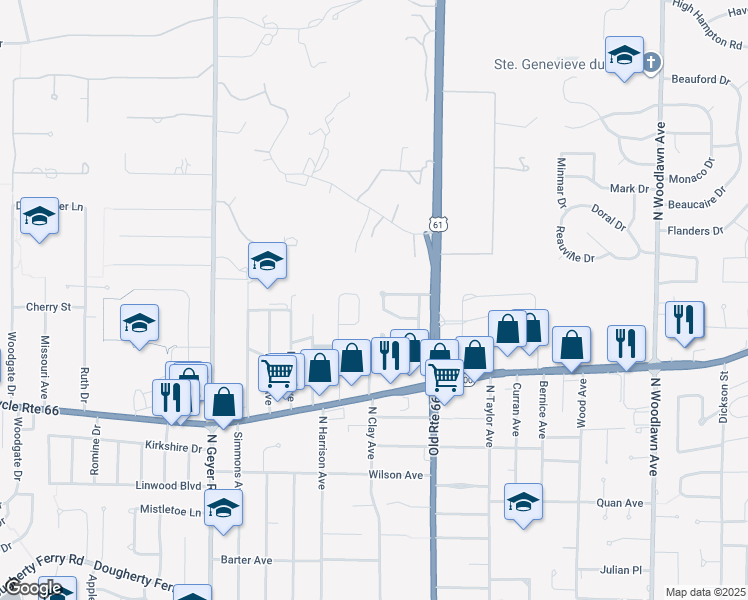 map of restaurants, bars, coffee shops, grocery stores, and more near 1286 Avery Court in Kirkwood