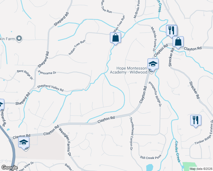 map of restaurants, bars, coffee shops, grocery stores, and more near 530 Eagles Nest Court in Ballwin