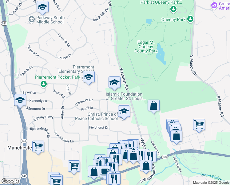 map of restaurants, bars, coffee shops, grocery stores, and more near 519 Weidman Road in Ballwin