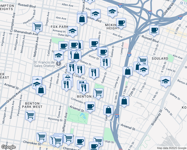 map of restaurants, bars, coffee shops, grocery stores, and more near 2117 Lynch Street in St. Louis