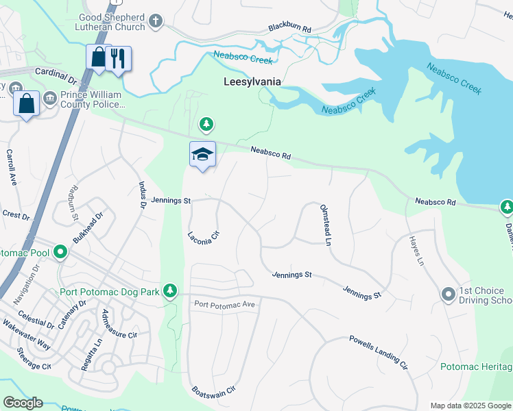map of restaurants, bars, coffee shops, grocery stores, and more near 16022 Macedonia Drive in Woodbridge