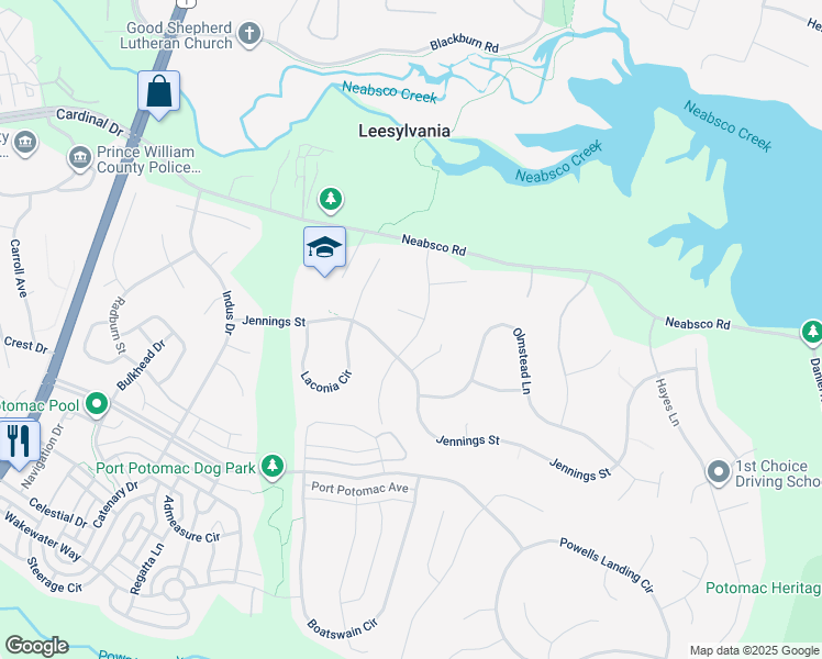 map of restaurants, bars, coffee shops, grocery stores, and more near 16022 Macedonia Drive in Woodbridge