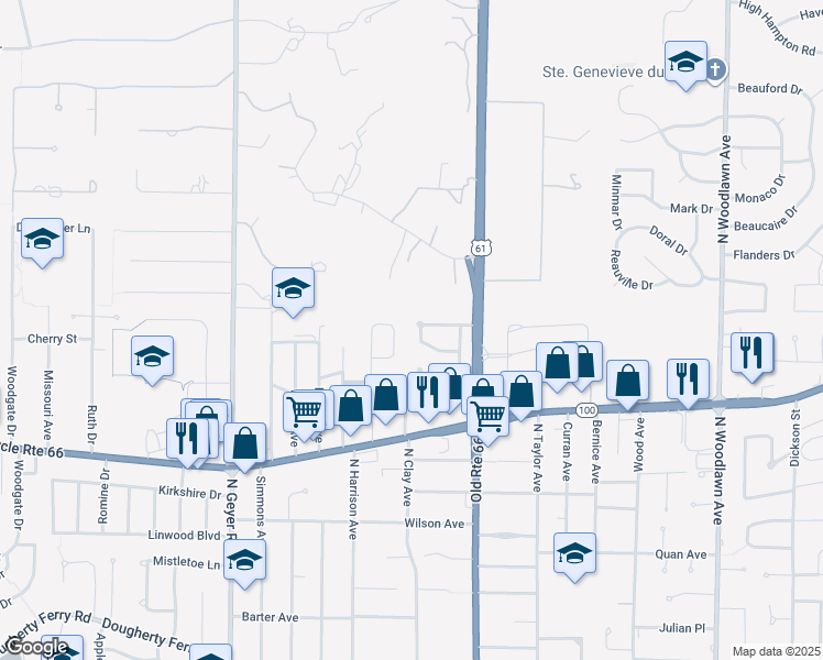 map of restaurants, bars, coffee shops, grocery stores, and more near 1286 Avery Court in Kirkwood