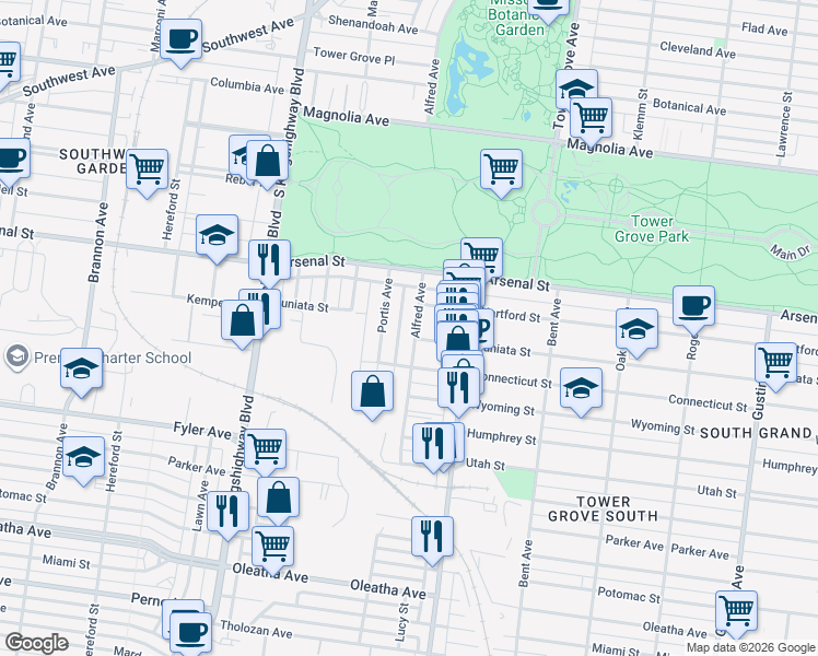 map of restaurants, bars, coffee shops, grocery stores, and more near 3179 Alfred Avenue in St. Louis