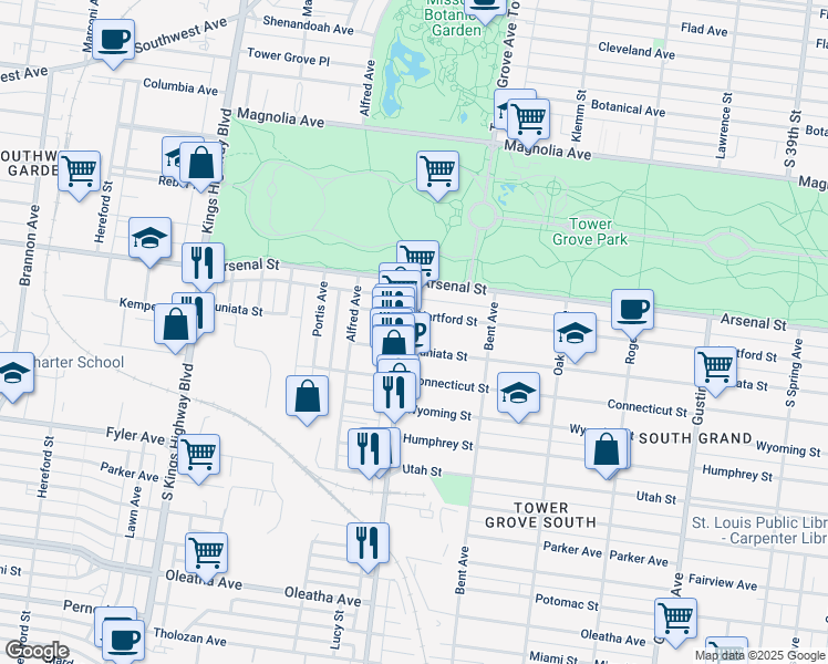 map of restaurants, bars, coffee shops, grocery stores, and more near 4273 Juniata Street in St. Louis