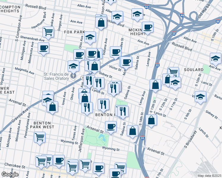 map of restaurants, bars, coffee shops, grocery stores, and more near 2708 Missouri Avenue in St. Louis