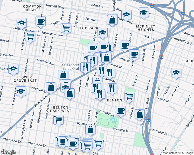 map of restaurants, bars, coffee shops, grocery stores, and more near 2835 Texas Avenue in St. Louis