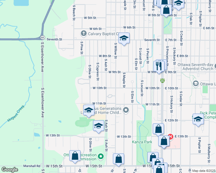 map of restaurants, bars, coffee shops, grocery stores, and more near 1009 South Ash Street in Ottawa