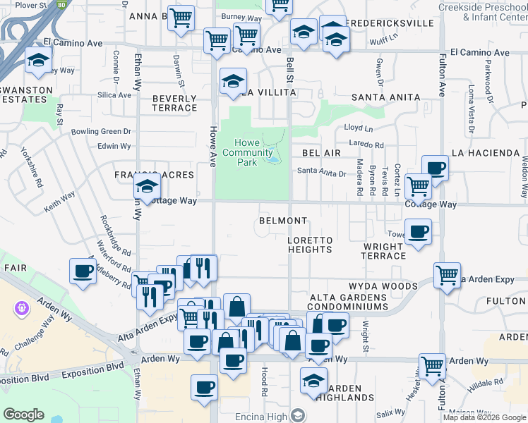 map of restaurants, bars, coffee shops, grocery stores, and more near 2049 Woodstock Way in Sacramento