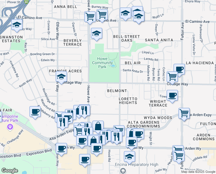 map of restaurants, bars, coffee shops, grocery stores, and more near 2049 Woodstock Way in Sacramento
