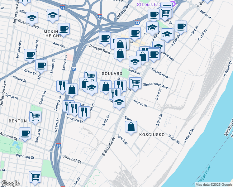 map of restaurants, bars, coffee shops, grocery stores, and more near 2419 South 10th Street in St. Louis