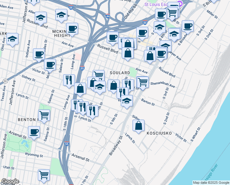 map of restaurants, bars, coffee shops, grocery stores, and more near 2419 South 10th Street in St. Louis
