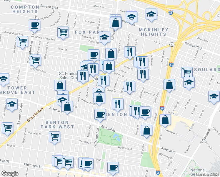 map of restaurants, bars, coffee shops, grocery stores, and more near 2804 Indiana Avenue in St. Louis