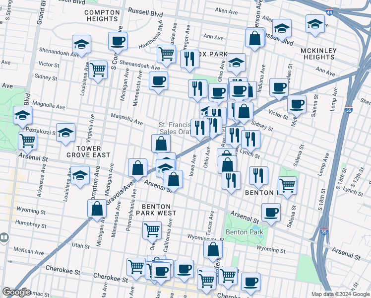 map of restaurants, bars, coffee shops, grocery stores, and more near 2846 California Avenue in St. Louis