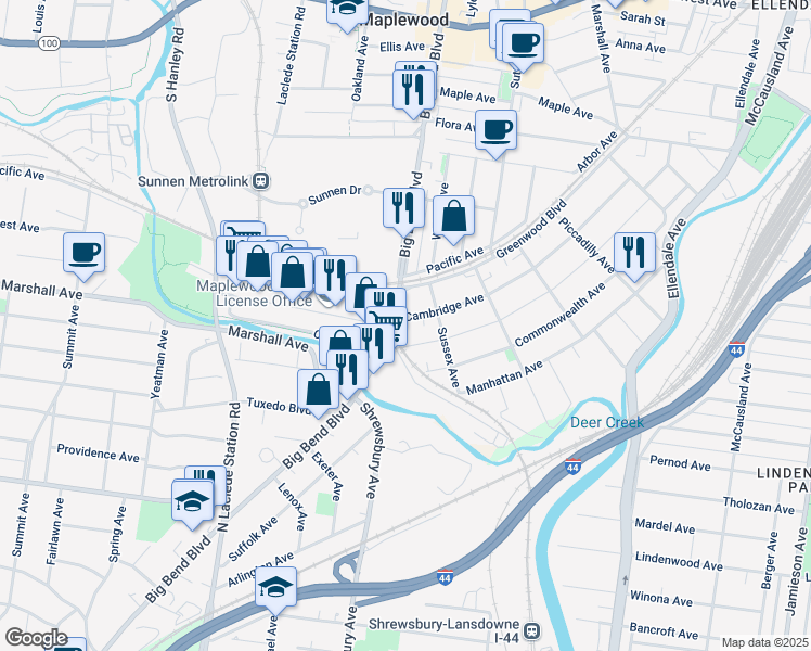 map of restaurants, bars, coffee shops, grocery stores, and more near 3717 Oxford Avenue in Maplewood