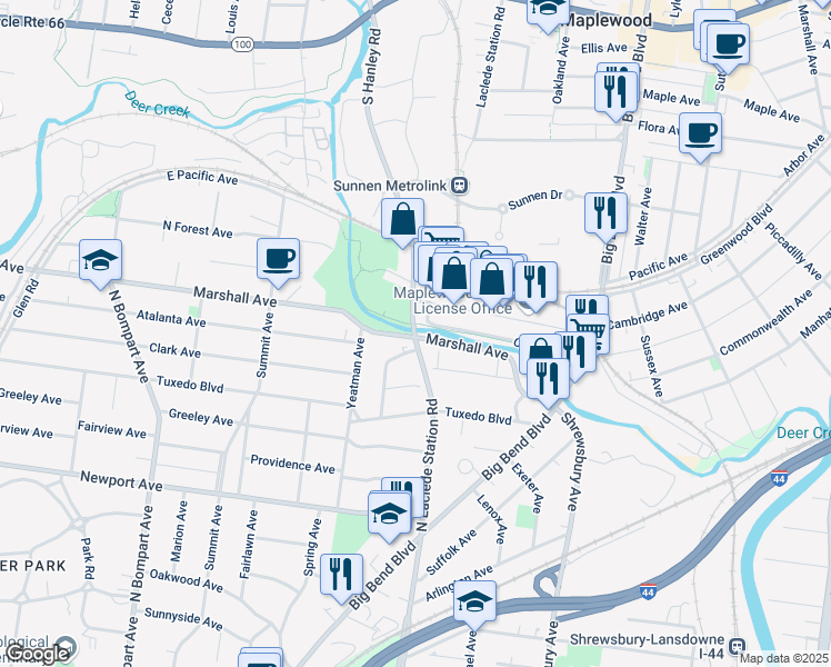 map of restaurants, bars, coffee shops, grocery stores, and more near 752 North Laclede Station Road in Webster Groves