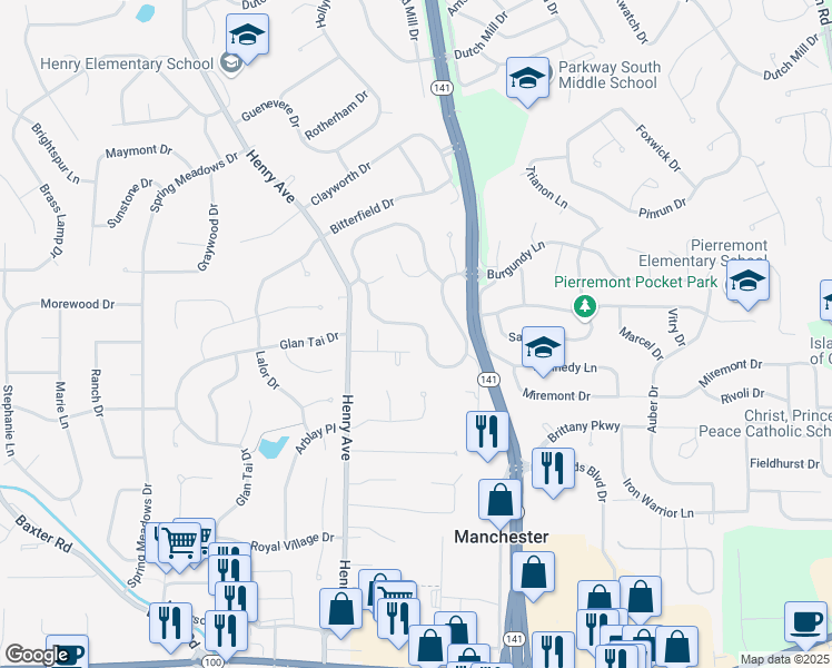 map of restaurants, bars, coffee shops, grocery stores, and more near 711 Valley View Drive in Ballwin