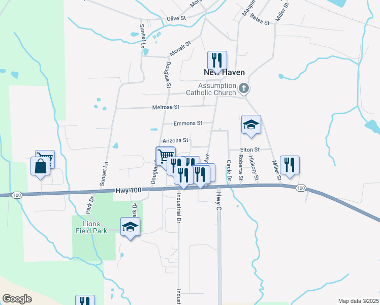map of restaurants, bars, coffee shops, grocery stores, and more near 101 Ridgeway Drive in New Haven