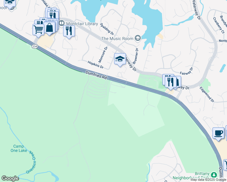 map of restaurants, bars, coffee shops, grocery stores, and more near 16108 Dumfries Road in Dumfries